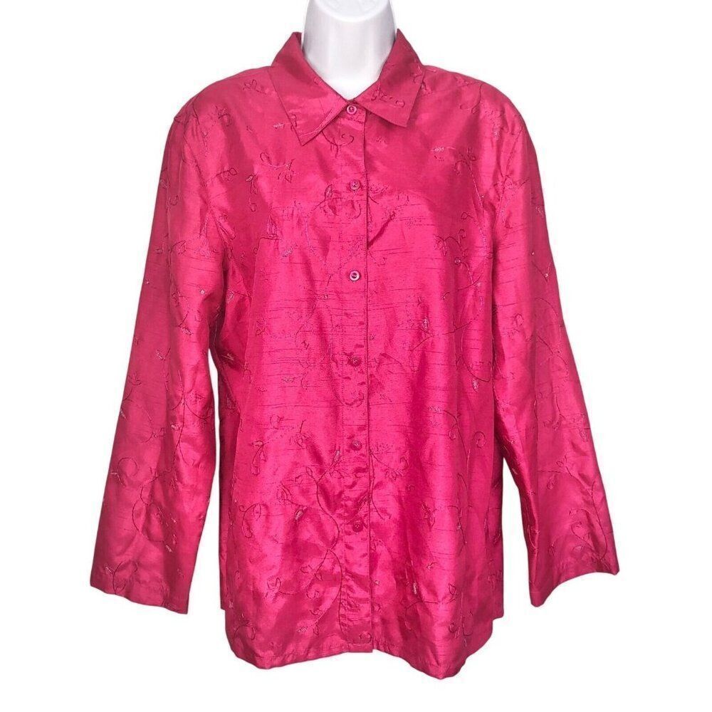 Vintage Clothes Womens Shirt XL Pink Floral Embroidered Long Sleeve Button Up
